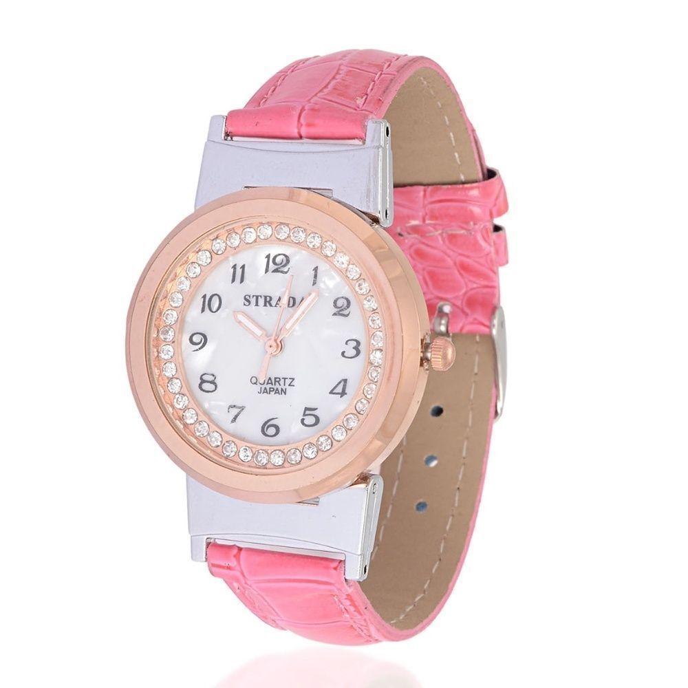 STRADA Watch Austrian Crystal Faux Band Pink